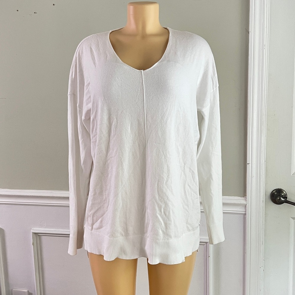 Jouica V-Neck Sweater Womens 2XL White Long Sleeve Side Slits High-Low Pullover